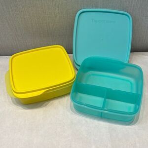 Tupperware Lunch It Divided Bento Lunch Box  7503B Mint Green Yellow Lids Set 2